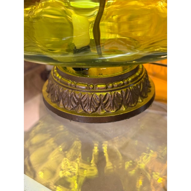 1960s 1960s Green Pressed Glass and Brass Finish Lamp Custom Foil Shade For Sale - Image 5 of 9