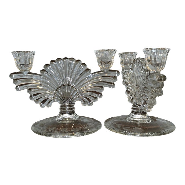 Vintage Pressed‑Glass Candlesticks With Etched Leaf Bases — Pair For Sale