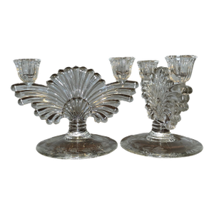 Vintage Pressed‑Glass Candlesticks With Etched Leaf Bases — Pair