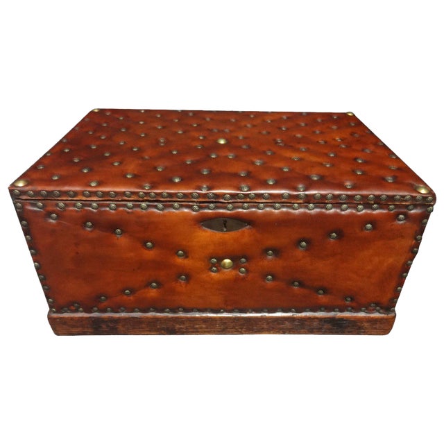 Leather Covered & Brass Studded Chest, 1870s For Sale