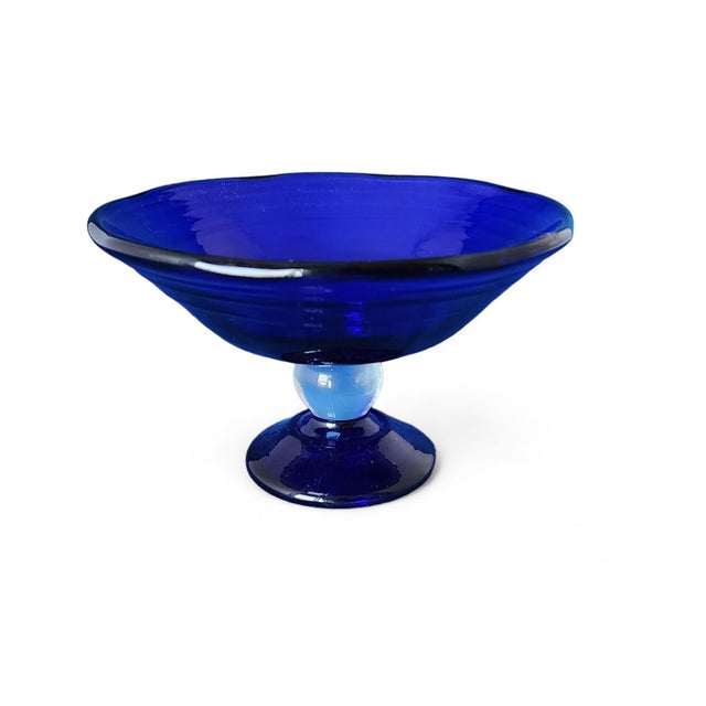 Glass Hand Blown Japanese Cobalt Blue Glass Compote Bowl, C1980s For Sale - Image 7 of 7