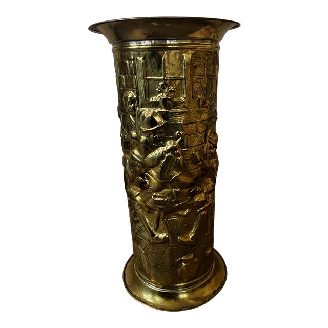 Vintage Pressed Brass Umbrella Holder Drinking & Fiddle Scene Lombard