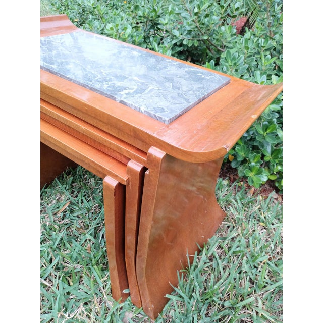 Enrique Garcel Chinoiserie Wood Grey Marble Pagoda Shaped Regency Nesting Tables- Set of 3 For Sale - Image 4 of 13
