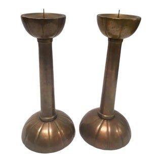 Large Brass Japanese Candlesticks on a Round Scalloped Base and Top For Sale