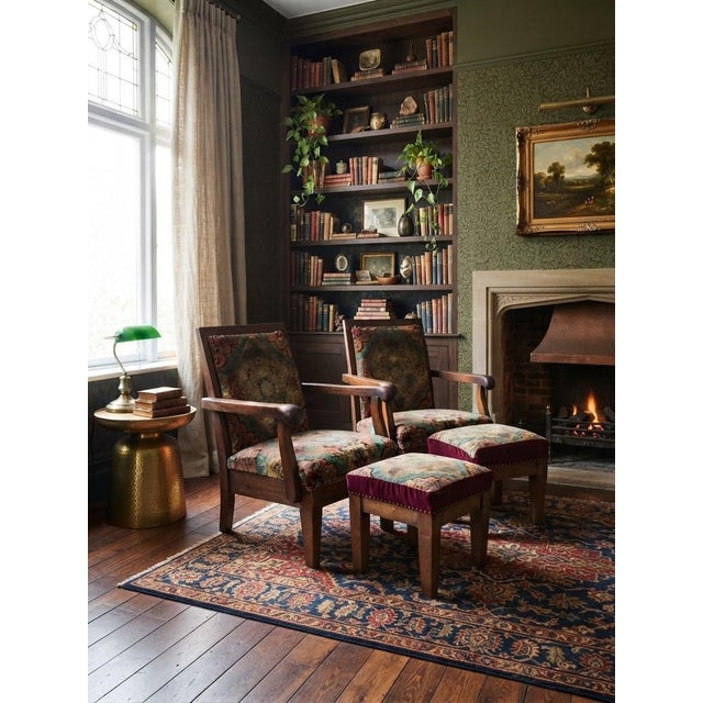 Set of Hungarian Art Deco Lounge Chairs with Matching Ottomans, 1930s For Sale - Image 3 of 4