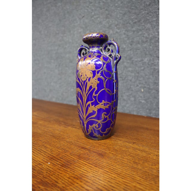 Victorian Cobalt Blue Vase With Copper Gilt Floral Decoration For Sale - Image 3 of 10