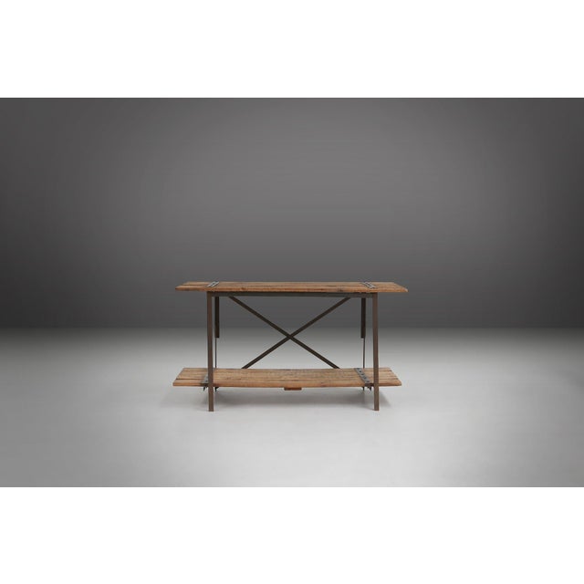 Industrial Side Table with Metal Frame, Wooden Top and Removable Platform, Belgium, 1920s For Sale - Image 11 of 14