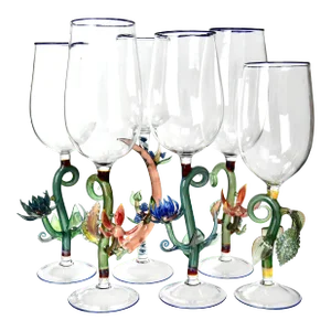 Set of 6 Floral Art Glass Goblets by Janis Miltenberger