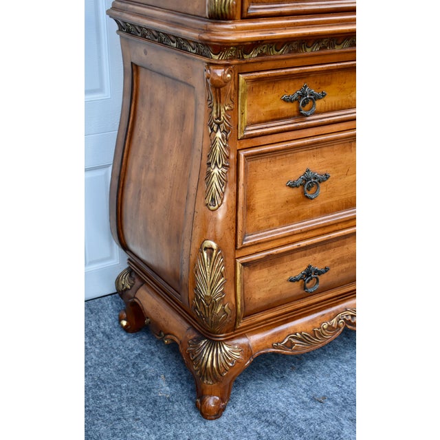Legacy Carved Bombe Tall Chest French Style Pine Dresser W/Gold Details For Sale - Image 4 of 17