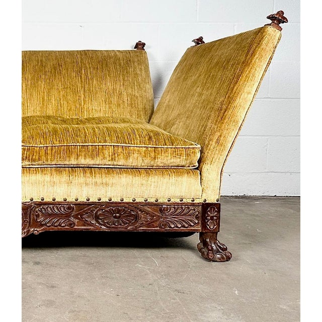 Wood Antique Knole-Style Sofa, Hand-Carved Walnut, Silk Velvet, C. 1900 For Sale - Image 7 of 9