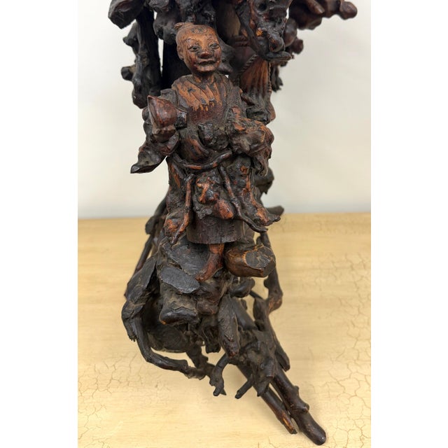 Early 20th Century Monumental Chinese Rootwood (Burl) Daoist Sage with Attendants, Late Qing For Sale - Image 5 of 18