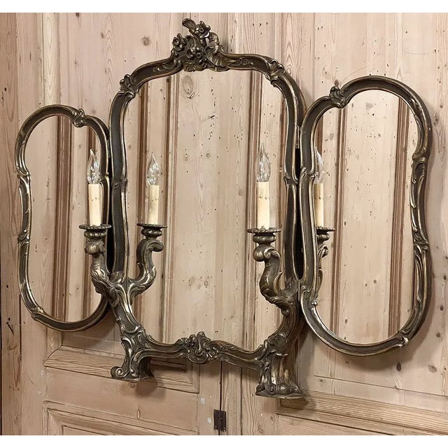 Antique Italian Rococo Tri-Panel Mirror With Lighting For Sale - Image 4 of 12