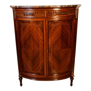 1900s Antique French Louis XVI Walnut & Satinwood Inlay Marble Top Chest Dresser For Sale