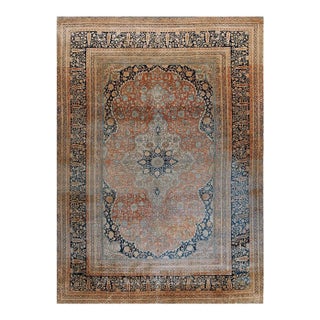 Classic Fine Ivory Traditional Floral Medallion Design Antique Persian Mohtasham Kashan Rug For Sale