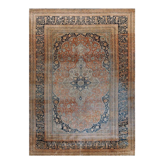 Classic Fine Ivory Traditional Floral Medallion Design Antique Persian Mohtasham Kashan Rug For Sale