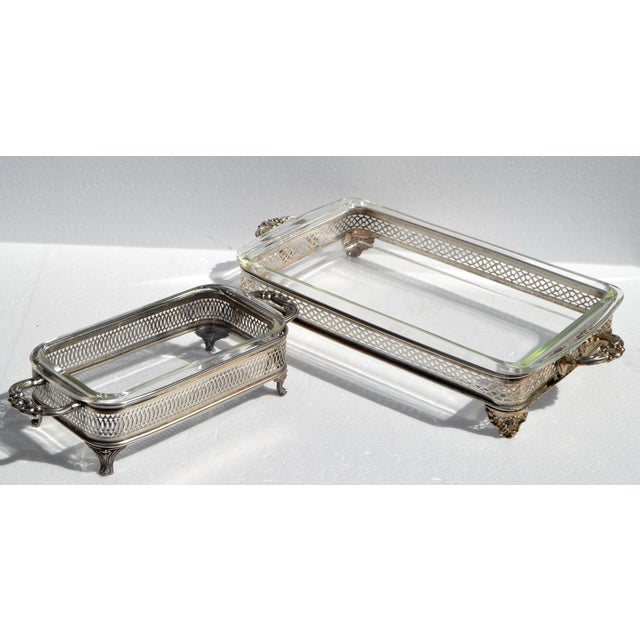 1950s Pyrex Glass Silver Plate Holders Rectangle Baking Pan Casserole Serving Dishes - Set of 2 For Sale In Miami - Image 6 of 18