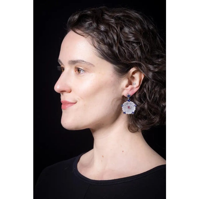 Modern Crystal, Kyanite, Pink Tourmaline and Diamond Flower Motif Chandelier Earrings For Sale - Image 3 of 4
