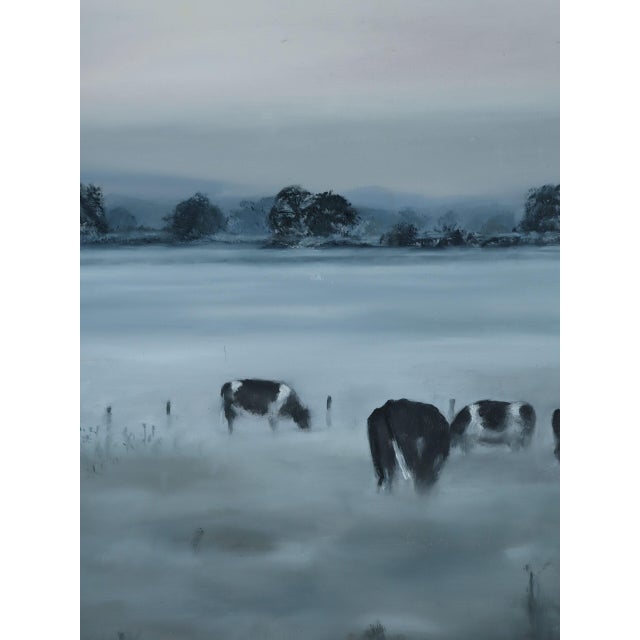 Modernist 'Friesians in the Mist' Vintage Original Landscape Oil Painting, Framed For Sale - Image 11 of 13