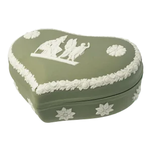 Wedgwood Vintage 1967 Jasperware Sage Green and Cream White Heart Shaped Trinket Box