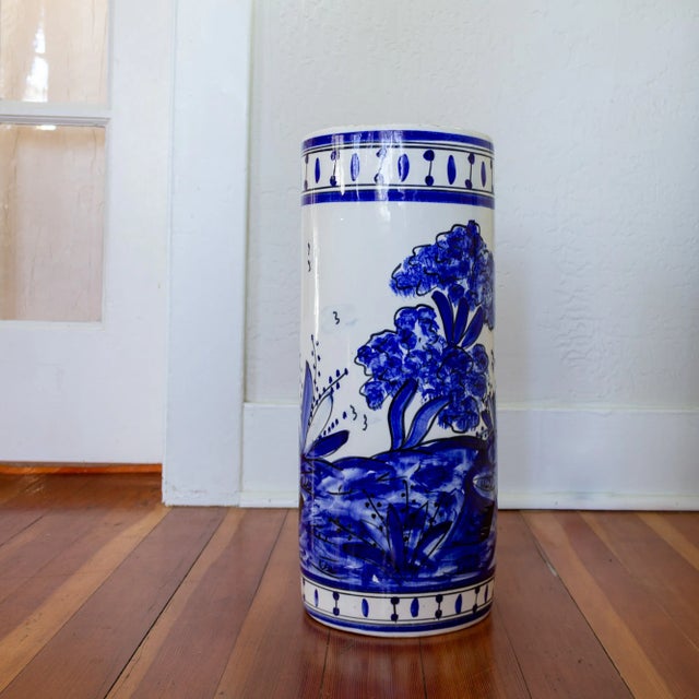 Ceramic Folk Art Blue and White Ceramic Porcelain Umbrella Holder For Sale - Image 7 of 11