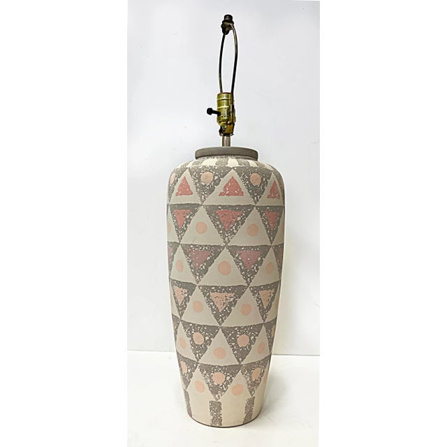1980s geometric hand painted designed pottery table lamps, pair Offered for sale is a pair of 1980s graphic design pottery...