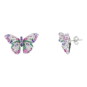 Nature-Inspired Colorful Butterfly Cz Chunky Stud Earrings in Sterling Silver- 2 Pieces