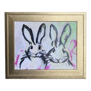 Original Bunny Painting Modern Minimalist Rabbit Art Framed Acrylic on Canvas Board Wall Art by Tatiana Duperault For Sale