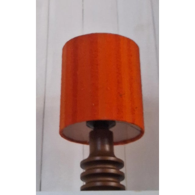 Vintage Table Lamp with Brown Spruce Wood Base and Red Fabric Shade, 1970s For Sale - Image 6 of 7