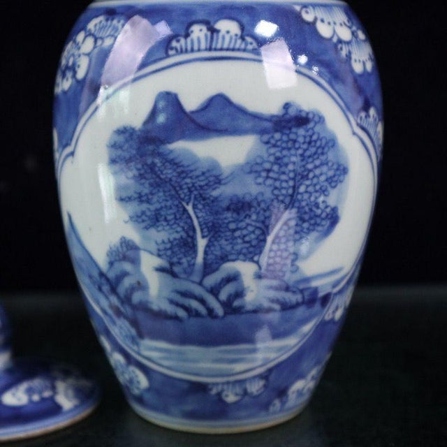 Blue Chinese Blue & White Porcelain Landscape Covered Jar - 6" Tall For Sale - Image 8 of 8