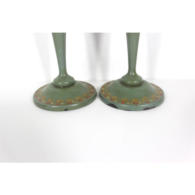 Antique Hand Painted Wooden Candle Holders a Pair For Sale - Image 9 of 11