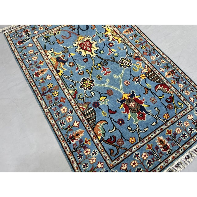 Blue Floral Wool Rug With Botanical Border, 3'3" X 4'9" For Sale - Image 4 of 10