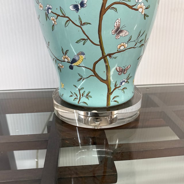 Late 20th Century Late 20th Century Jade Green Ceramic Table Lamp With Butterflies + Birds For Sale - Image 5 of 12