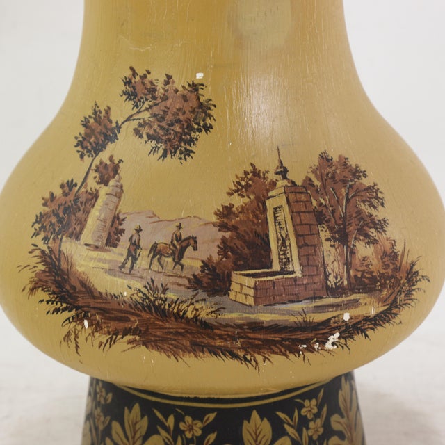Vintage Hand Painted Table Lamp Mustard Yellow Country Landscape With Bridge and Foliage Motif For Sale - Image 10 of 12