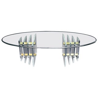 Double Lucite Pedestal Oval Glass Top Coffee Table For Sale