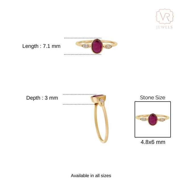 Modern Ruby & Marquise Diamond Three-Stone Bezel Set Ring 14k Yellow Gold Size 7 For Sale - Image 12 of 16