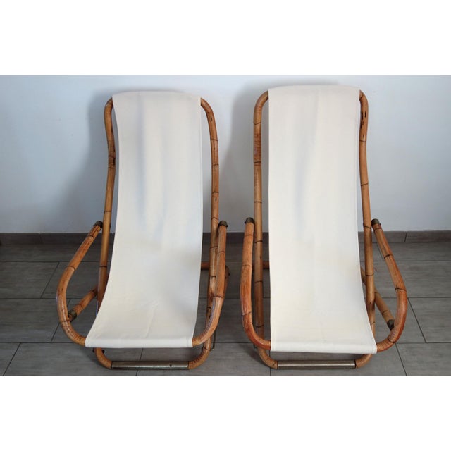 Mid-Century Modern Folding Bamboo and Brass Deck Chairs, Italy, 1960s, Set of 2 For Sale - Image 3 of 16