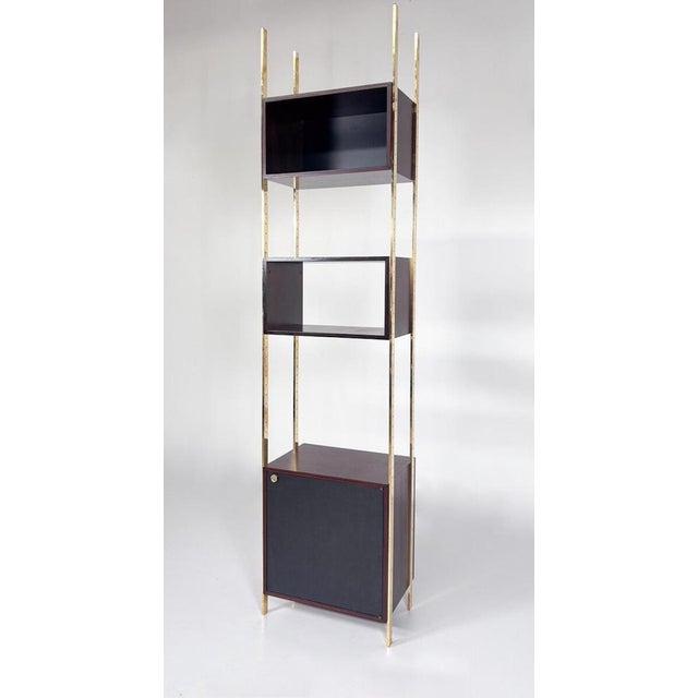 Wood Brass and Wood Bookcase by Jules Wabbes for Mobilier Universel, Belgium, 1960s For Sale - Image 7 of 11
