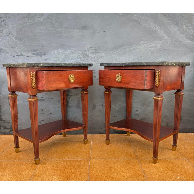 French Louis XVI Style Nightstands with Marble Tops, 1920, Set of 2 For Sale - Image 6 of 15