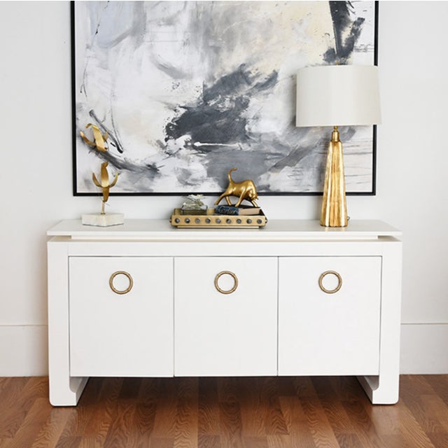 Worlds Away Matthew Izzo Home Tilley Matte White Lacquer Three Door Buffet With Brass Hardware For Sale - Image 4 of 7