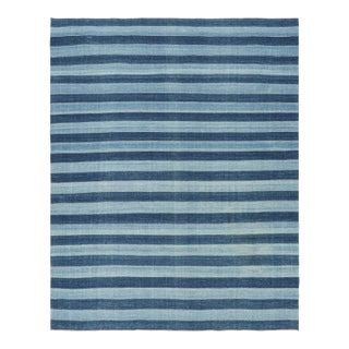 Rug & Kilim's Contemporary Dhurrie Rug in Blue Geometric Stripes - 6x9 For Sale