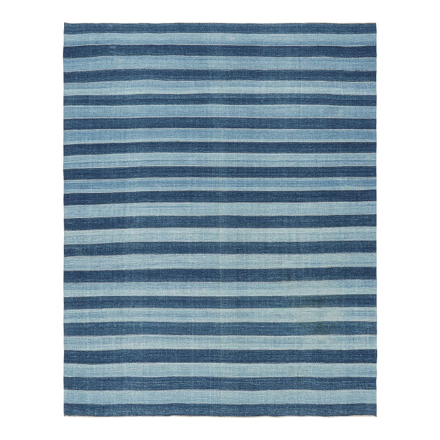 Rug & Kilim's Contemporary Dhurrie Rug in Blue Geometric Stripes - 6x9 For Sale