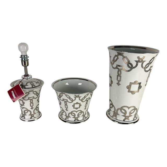 White Porcelain Objects with Platinum Finishes from Le Porcellane, 1990s, Set of 3 For Sale