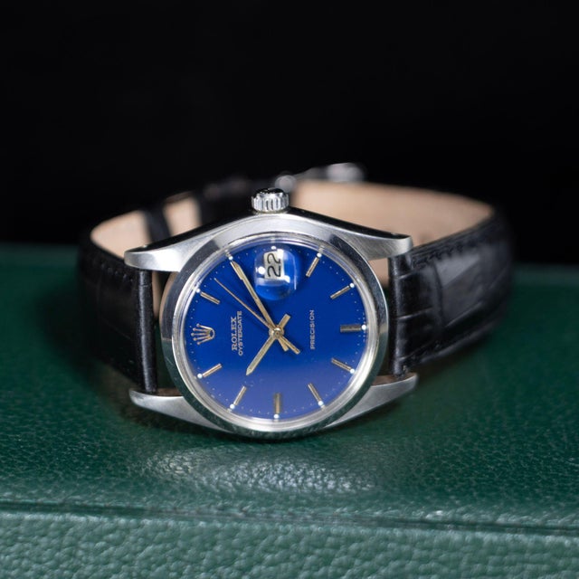 Vintage Rolex Oysterdate Precision 6694 Blue Dial Steel 1977 Leather Strap Watch For Sale - Image 16 of 17