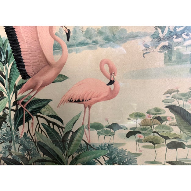 Pink Vintage Mid-Century Flamingo Lithograph in Original Windsor Mode Mirrored Frame by Robert Stein & Co. & Illinois Moulding Co. For Sale - Image 8 of 12