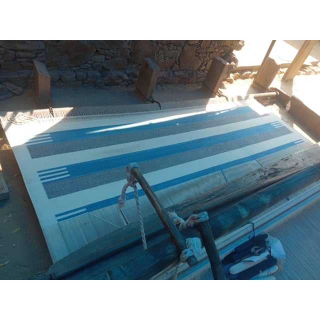 Handmade Cotton Area Rug, Sky Blue and White Cotton Vegetable Dyed Striped Dhurrie-10'x14' For Sale - Image 11 of 12