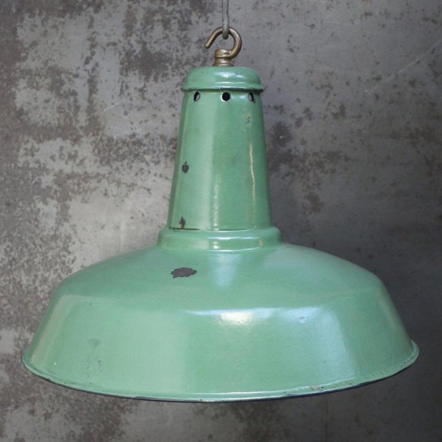 Rare green french enamel factory pendant light thick quality enamel. used in warehouses and factories. depending on...