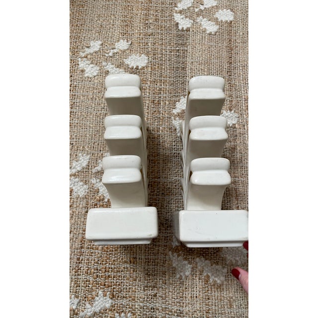 Cream Pair of Vintage Cream Geneva Porcelain-Art Deco Pottery-MCM Candle HOLDERs For Sale - Image 8 of 12