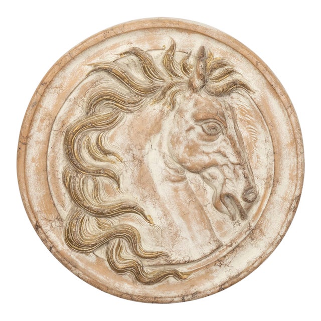 Italian 1930s Painted and Gilt Terracotta Medallion Depicting a Horse's Head For Sale