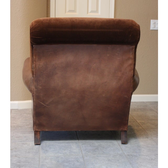 1980s Distressed Leather and Velvet Reading Chair For Sale - Image 5 of 8