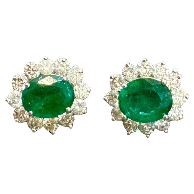 6 Ct Oval Shape Emerald & 3 Ct Diamond Post Back Earrings 14 Karat White Gold For Sale - Image 4 of 18